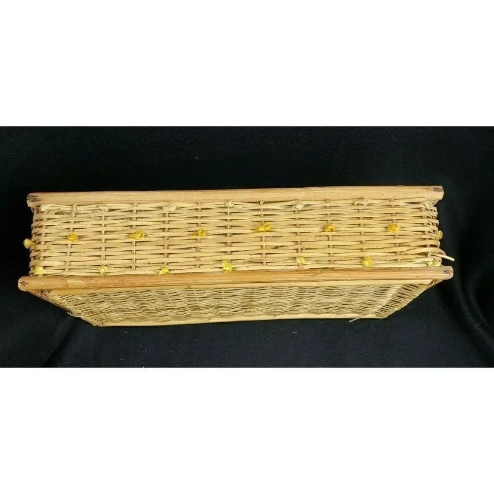 Boho Vintage 70s Wicker Rattan Wood Tissue Holder Box Flowers Cottagecore Decor